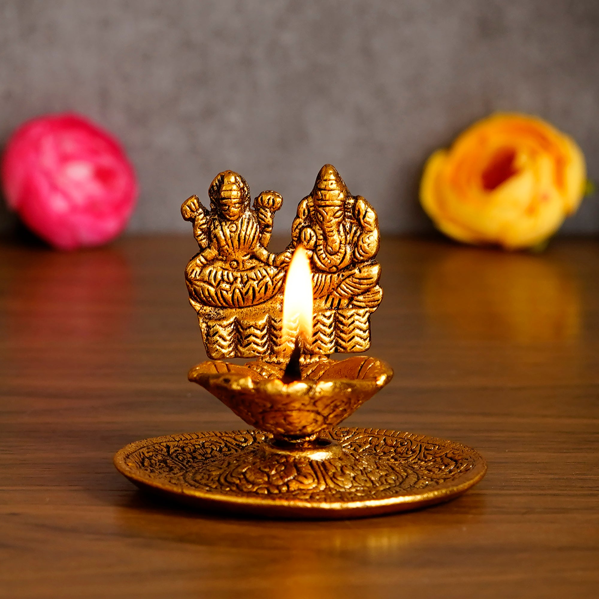 Wealth attracting Goddess Lakshmi and Luck attracting Lord Ganesha Brass Diya