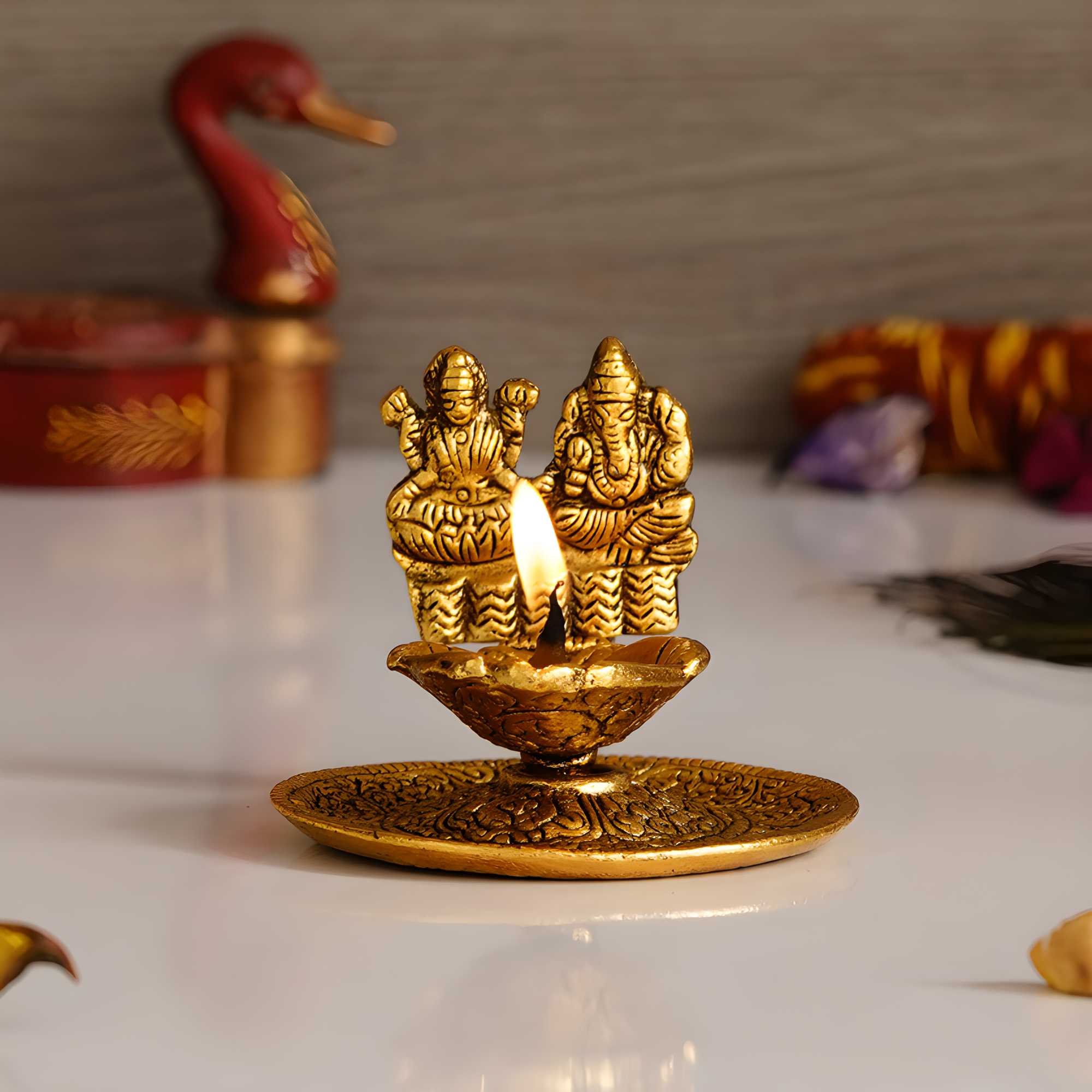 Wealth attracting Goddess Lakshmi and Luck attracting Lord Ganesha Brass Diya